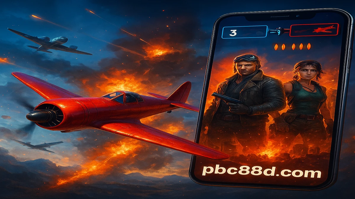 pbc88-এ Aviator গেমের প্রচারণামূলক চিত্র, যেখানে একটি লাল প্রপেলার বিমান বিস্ফোরিত ভূদৃশ্যের ওপর দিয়ে উড়ছে, ডান পাশে মোবাইল গেম ইন্টারফেসটি দৃশ্যমান।