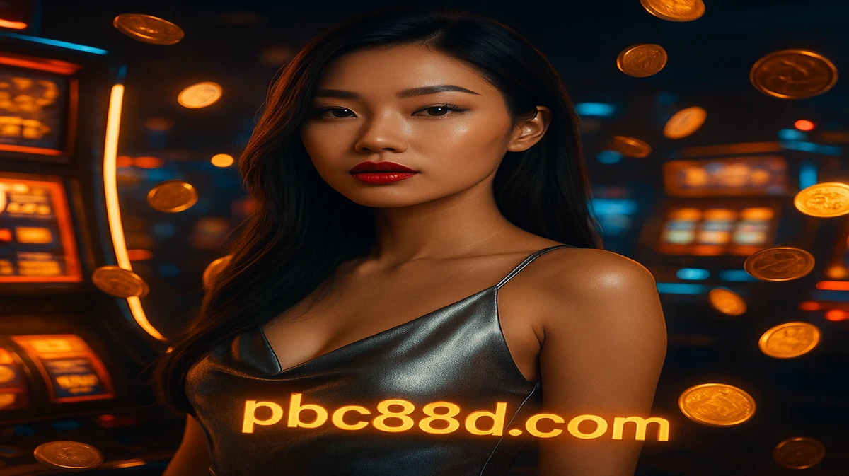 লম্বা কালো চুলের এক সুন্দরী নারী ক্লাসিক pbc88 গেমিং প্ল্যাটফর্মে দাঁড়িয়ে আছেন, চারপাশে জ্বলন্ত আর্কেড গেম ও ভাসমান সোনালি কয়েন ছড়িয়ে আছে।