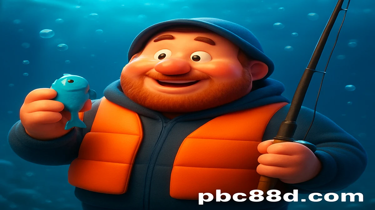 pbc88-এ উপলব্ধ Big Bass গেমটির কার্টুন চরিত্রটি সমুদ্রের নীচে গর্বের সাথে একটি মাছ এবং একটি মাছ ধরার লাঠি ধরেছে।