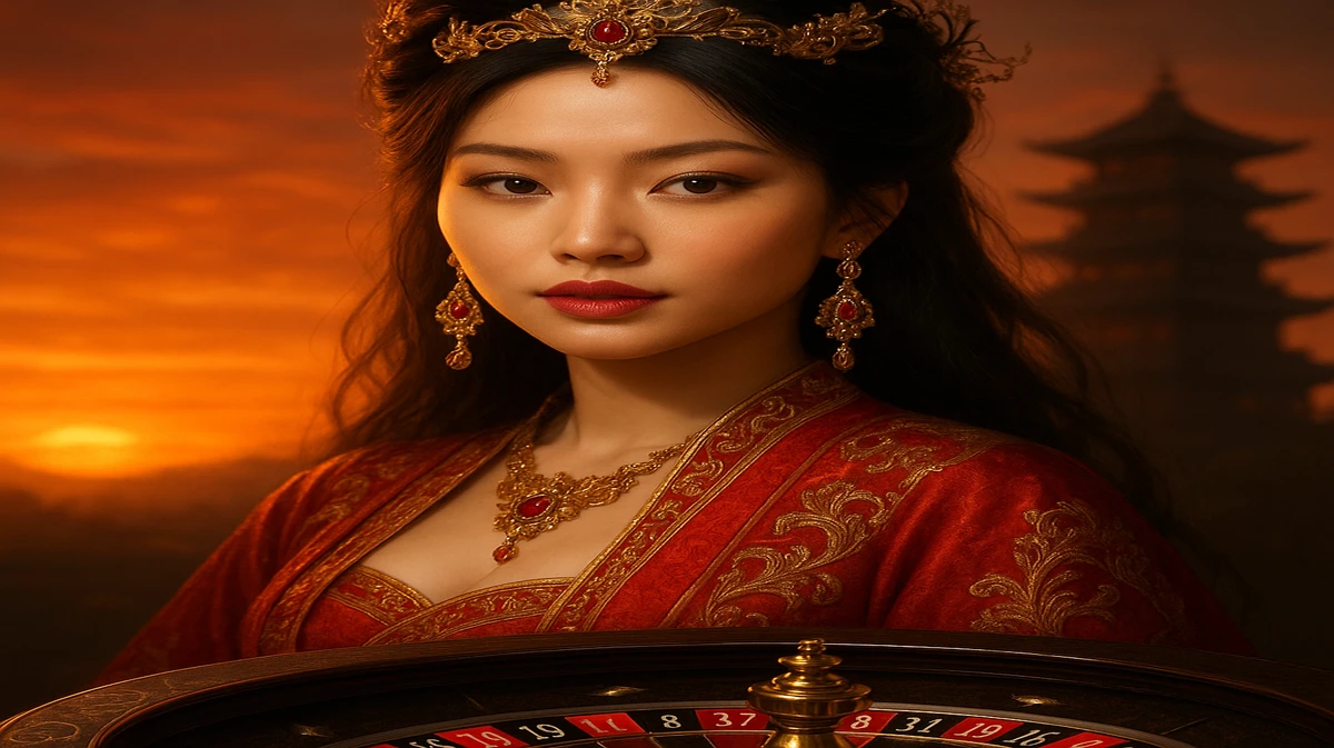 একজন অত্যন্ত সুন্দর এশীয় নারী ঐতিহ্যবাহী পোশাক ও জটিল গহনা পরে শান্ত মন্দিরের সামনে দাঁড়িয়েছেন; সামনে pbc88-এর নকশা-চক্র দৃশ্যমান।