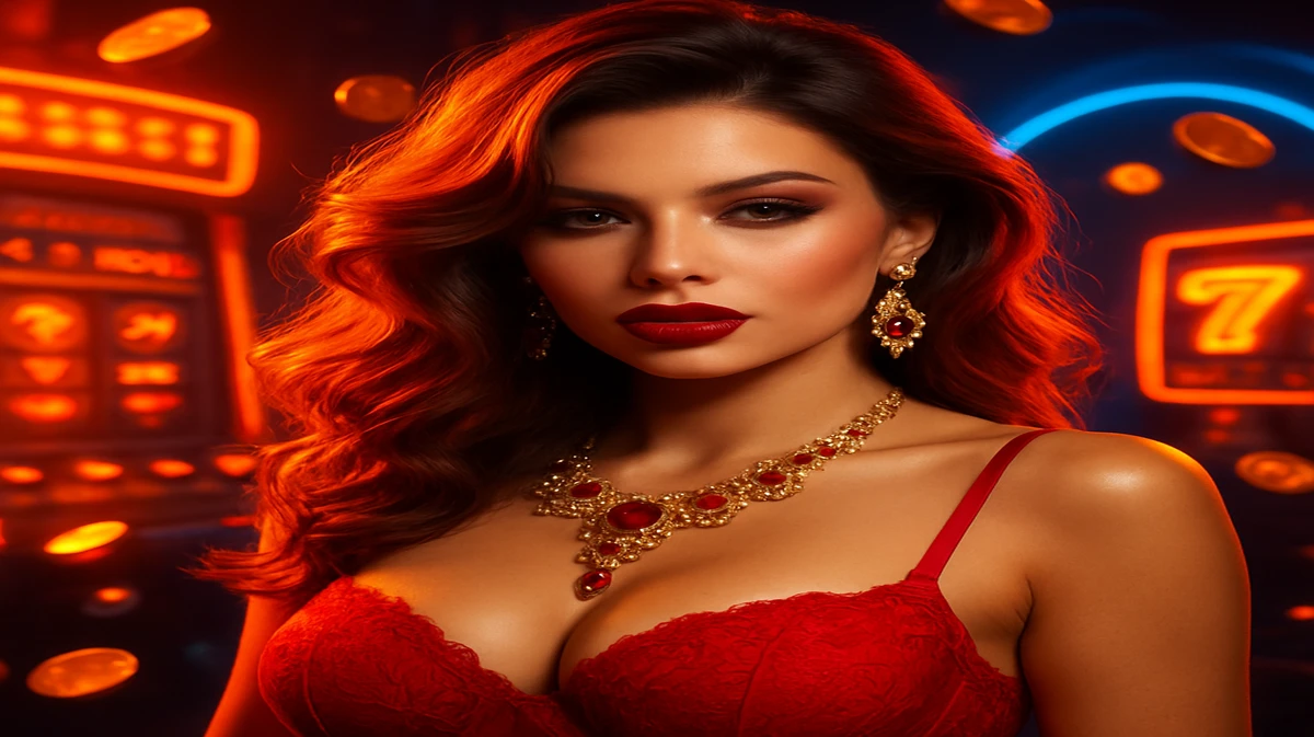 হালকা ঢেউখলানো চুল ও চকমকে ঝুমকিগুলোসহ এক অপূর্ব সুন্দরী নারী pbc88 গেমিং প্ল্যাটফর্মের উজ্জ্বল আলোয় ভরা মঞ্চের মাঝে দাঁড়িয়ে আছেন; চারদিকে আর্কেড গেমগুলোর ঝলমলে দৃশ্য ছড়িয়ে আছে।
