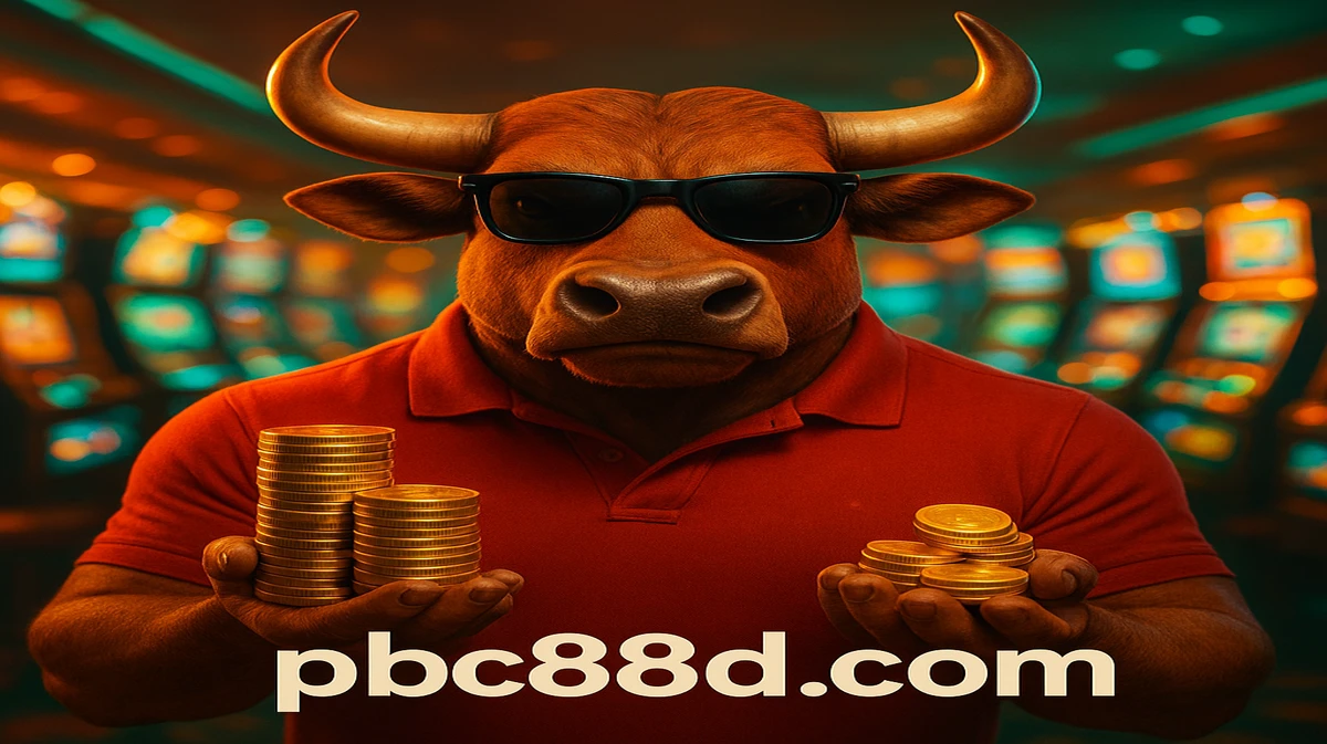 pbc88 এ Fortune Ox গেমটির শক্তিশালী মূর্তি, সানগ্লাস পরা এক কুল বুল, জ্বলজ্বলে গেমিং প্ল্যাটফর্ম সেটিং-এ স্বর্ণমুদ্রার স্তূপ ধরে আছে।