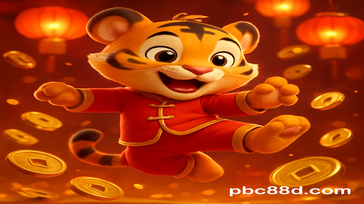 pbc88 এ Fortune Tiger গেমটির মিষ্টি কার্টুন মূর্তি স্বর্ণমুদ্রার ঝড় ও ভাগ্যবান লাল লণ্ঠনের মাঝে মার্শাল আর্টসের ভঙ্গিতে স্থিত রয়েছে।