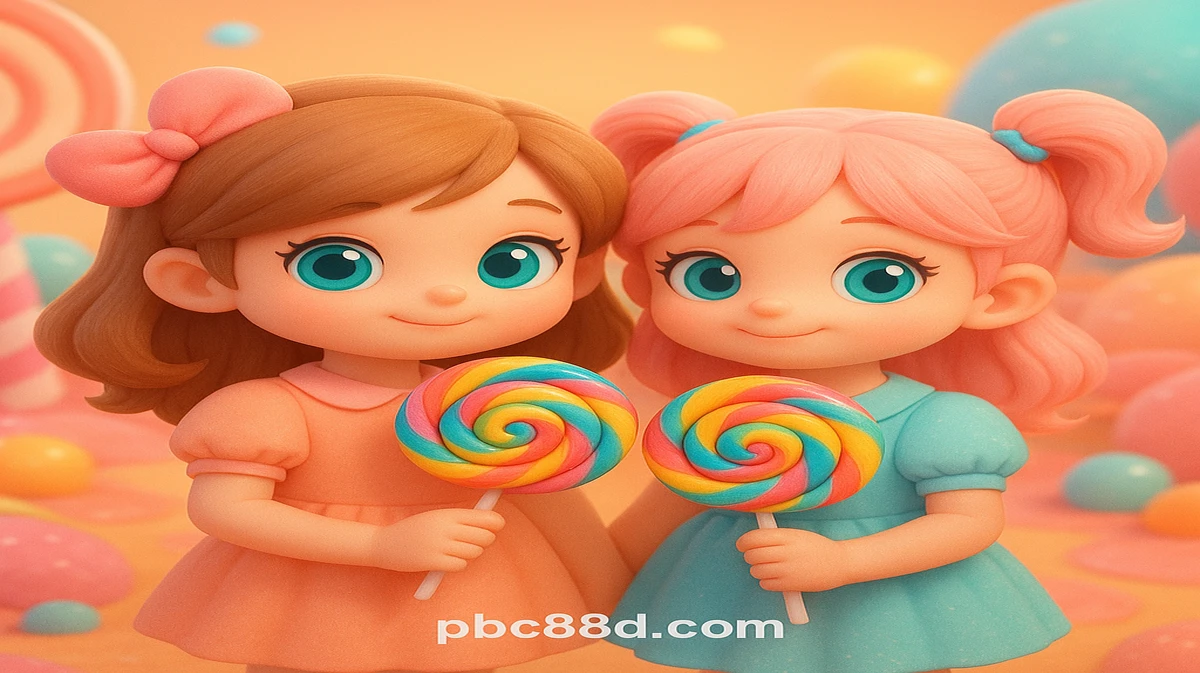 pbc88 এ জনপ্রিয় Sweet Bonanza গেমটির প্রতিনিধিত্বকারী, সোনালি ও কমলা চুলের দু’টি মিষ্টি অ্যানিমে-ধাঁচের মেয়ে রঙিন ক্যান্ডি-দেশে ললিপপ ধরে আছে।